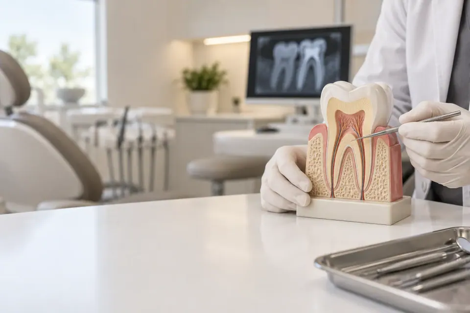 Dentist evaluating severe tooth pain that may require urgent treatment