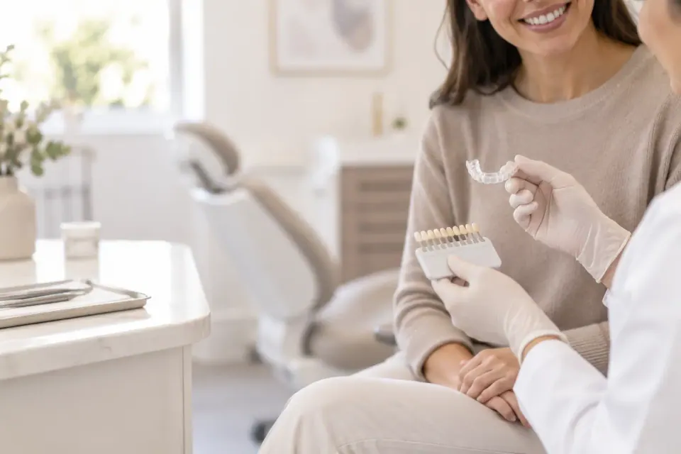 Professional teeth whitening consultation and evaluation of tooth color