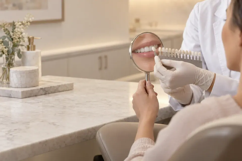 Cosmetic dental consultation about veneer shape and smile proportions