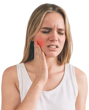 Patient holding her cheek with severe tooth pain